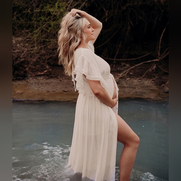 New Gauze Cover Up Maxi Dress Button Front Deep Plunge Beige Cream - Picture 6 of 9